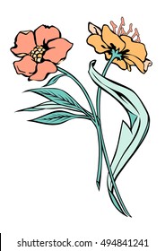 two flowers. Vector black contour with fill isolated on white background.