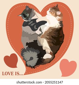 Two fluffy cats are hugging. Enamored cats. Vector for printing onto fabric, paper.