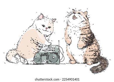 Dos gatitos mullidos en una fiesta o karaoke. El gato canta una canción y escucha música. Cintas y grabadoras. Esbozar amigos del hobby. ilustración vectorial dibujada a mano