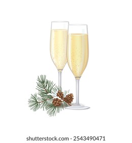 Two flute glasses filled with sparkling champagne, showing fine bubbles and golden colour.
Merry Chrismas  greeting card, decorated with conifeerous branch with cones in snow