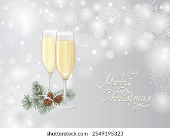 Two flute glasses filled with sparkling champagne over  winter nnoel snowy blur background.
Merry Christmas greeting card with snowflakes and conifeerous branch with cone in snow