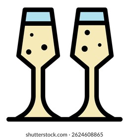 Two flute glasses icon. Outline two flute glasses vector icon color flat isolated