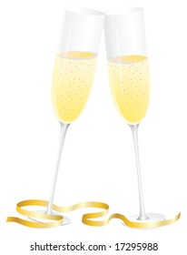 Two flutes of champagne on white background