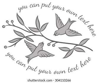 Two fluttering birds and tree branches - retro style vector illustration
