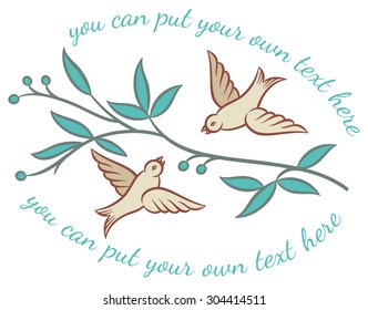 Two fluttering birds and tree branches - retro style vector illustration