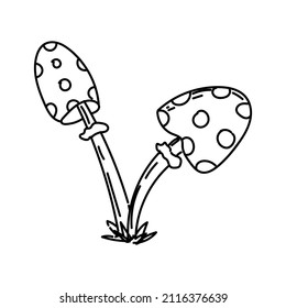 Two fly swatter, hand-drawn elements in a doodle style. Mushrooms. Monochrome drawing of fly agarics. Simple icon drawing.