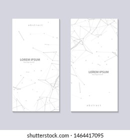 Two flyers with abstract plexus white background with grey connected lines and dots. Vector minimalistic geometric design. Network connection plexus digital futuristic technology. Science concept