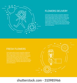 Two flyers, card with running man, courier, hand with a bouquet of flowers. Vector template with sample text.