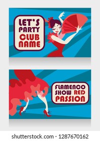 Two flyers for flamenco show, traditional spanish dancer, blue and red colors, vector illustration