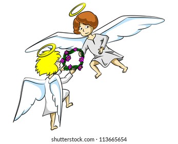 Two flying angels bear in hands a wreath from flowers.