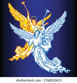 Two flying angels with trumpets of five colors on a tinted black background