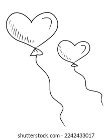 Dos globos voladores en forma de corazón en negro aislados en fondo blanco. Dibujo vectorial dibujado a mano ilustrado en un sencillo estilo de doodle vintage grabado. Concepto de regalo, amor, sorpresa, felicidad
