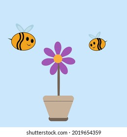 Two flying bees around a beautiful rose in an elegant vase