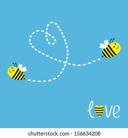 Two flying bees. Dash heart in the sky. Card. Vector illustration.