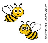Two flying bees. Funny bumblebee character. Vector illustration isolated on white.