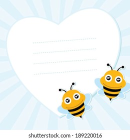 Two flying bees and heart shape. Vector illustration.