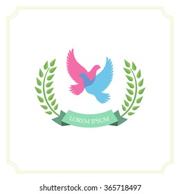 Two flying bird silhouettes with green laurel wreath and curled ribbon banner. Dove silhouette. Transparent intersecting bird. Logo, logotype design. Vector illustration.