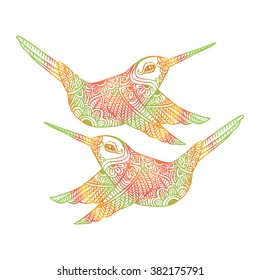 Two flying birds with decorative style illustration.