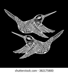 Two flying birds with decorative style illustration.