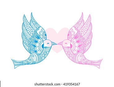 Two flying birds. Decorative style.