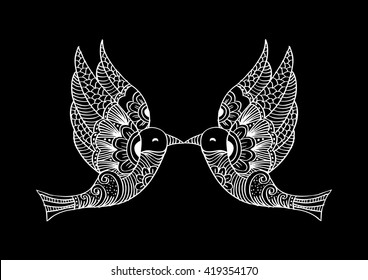 Two flying birds. Decorative style.