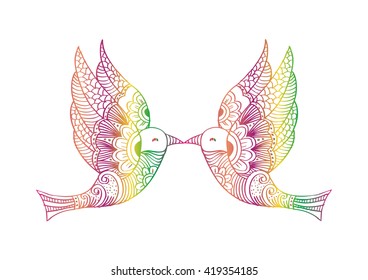 Two flying birds. Decorative style.