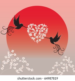 Two flying birds with sakura branches in form of heart in front of red rising sun