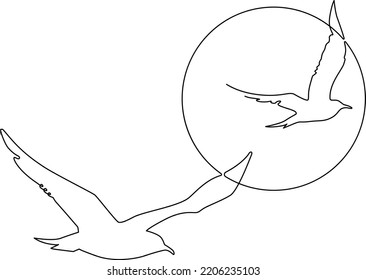 Two flying birds Silhouette against the background of the sun or moon. Continuous line drawing. Vector illustration. 