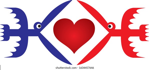 Two flying birds who want to swallow a heart a symbol of love. Valentine's Day, symbol of lovers, funny cartoon drawing. Vector graphics art.