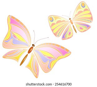Two flying butterflies on white background. Vector