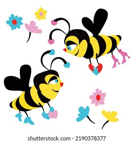Two flying cartoon shoe wearing bees holding two hearts with background floral elements