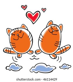 Two flying cats and hearts on a white background. Valentines illustration.