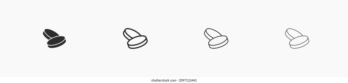 Two flying coins isolated on white background for business and credit. Finance and payment concept. Linear black pictogram of cions for design. Cash illustration vector