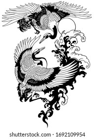 Two flying cranes with water waves and red sun. Black and white tattoo vector illustration