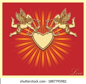 Dos cupidos voladores disparan un arco en el corazón. La imitación del papel se aplica sobre el fondo de los rayos que divergen del centro. Inscripción inferior derecha - Amor. Postal, afiche, valentina. Vector