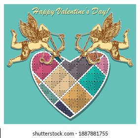 Dos cupidos voladores disparan desde una proa hacia un corazón de trineo. Imitación de papel aplicable sobre un fondo azul pálido. Encima de la inscripción - ¡Feliz Día de San Valentín! Postal, afiche. Ilustración del vector