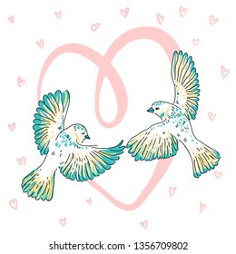 Two  flying cute birds in love. Card for Valentine day. Birds and hearts. 