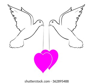 Two flying doves carrying a red heart. Love concept