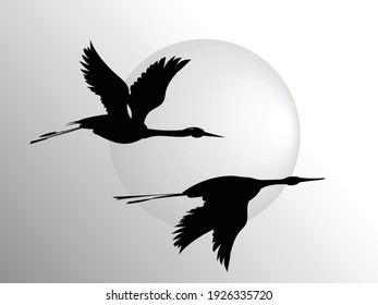 Two flying herons against the background of a large solar circle. Vector drawing. 