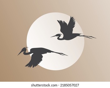 Two flying herons (cranes) on a beige background with sun. Vector graphic drawing.