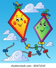 Two flying kites on blue sky - vector illustration.