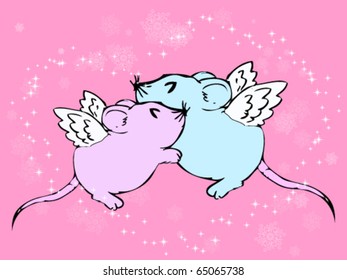 Two flying mouse on pink background