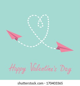 Two flying  paper planes. Heart in the sky. Happy Valentines Day card. Vector illustration.