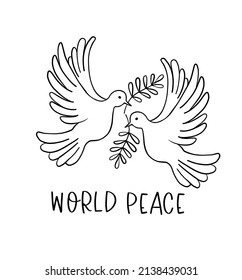 Two flying pigeons with a branch and leaves.  Dove of peace. Hand drawn line sketch. Bird symbol of hope, emblem against violence and military conflicts.  Vector illustration