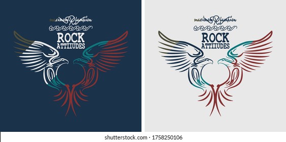 Two flying pigeons with two wings and rock lettering in the top in two color for boys t shirt printing and tattoo