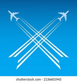 Two flying planes leave white stripes. In the blue sky. Vector illustration for the design of websites, stores. Airline logo.