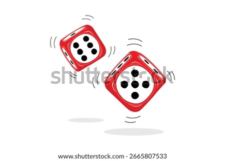 Two flying red dice isolated on a white background. Board game dice with flying black dots. Poker dice. For apps, web, infographics.