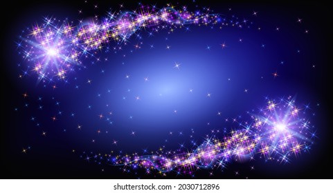 Zwei fliegende funkelnde Kometen mit geschwungenen, leuchtenden Staubschwanz im Sternenhimmel. Sternenstaubtrail mit leuchtenden Sternen. Weltraumforschung Festlicher Hintergrund.