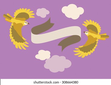 Two flying yellow birds clouds and  a ribbon with purple background illustration