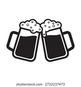 Dos tazas de cerveza espumosas tintineando en una tostada, Ilustración vectorial en blanco y negro.